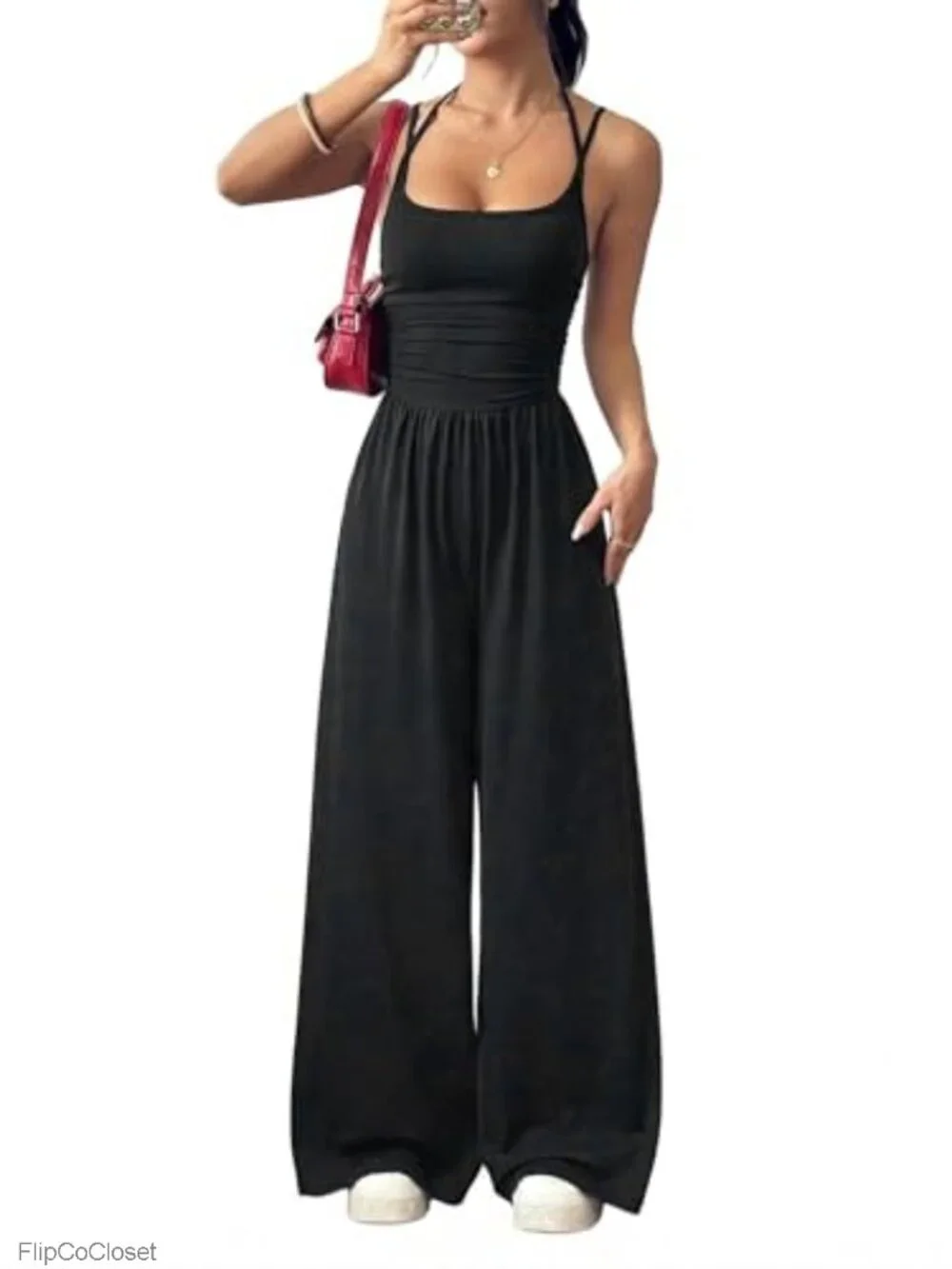 Women's Sleeveless Wide Leg Jumpsuit with Pockets Ruched Front Scoop Neck